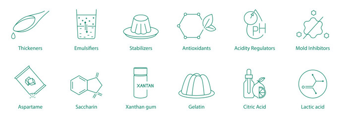 Thickness, Emulsifiers, Stabilizers, Antioxidants, Acidity Regulators, Mold Inhibitors, Aspartame, Saccharine, Xanthan Gum, Gelatin, Citric Acid, Lactic Acid Vector Icon Set