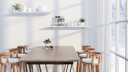 A minimalist white dining room features a wooden dining table with stools by the window.