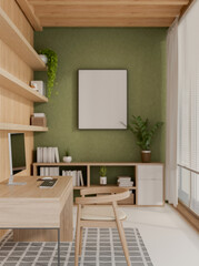 A contemporary home office with green and wood accents features a computer on a wooden desk.