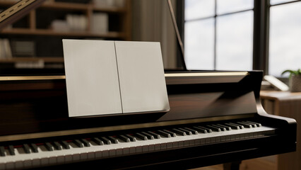 A beautiful wooden piano with an open, blank chord book on its stand, set in a living room. © bongkarn