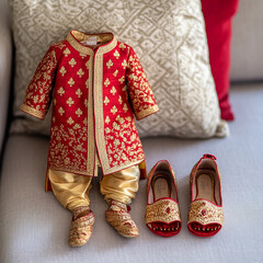 A red and gold baby outfit, matching shoes, and jewelry are on a couch.

