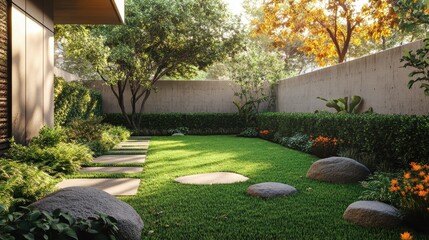 A small garden with green hedges, large flat rocks, and lush grass. A concrete wall stands behind the back fence of an office building