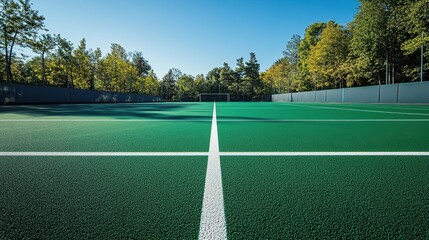 Close-up of a green sports field with white line markings