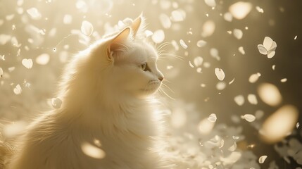 White cat in a shower of petals.