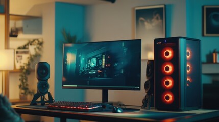 Gaming setup with RGB lighting and speakers.