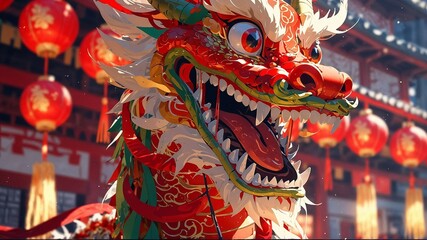 Obraz premium Chinese dragon in festive attire, vibrant anime style background