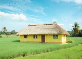 Obraz premium village photography of yellow thatched roof house in verdant landscape under clear blue sky