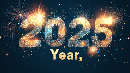 Glittering "2025" with fireworks in the background, "Happy New Year," 2025 poster,