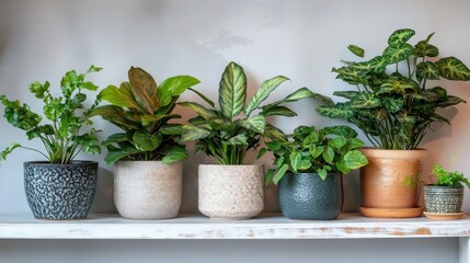 Fototapeta premium Collection of various houseplants displayed in ceramic pots with transparent background. Potted exotic house plants on white shelf against white wall. Home garden banner.