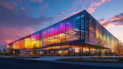 Fototapeta premium Modern building with colorful glass panels at dusk. Generative AI image