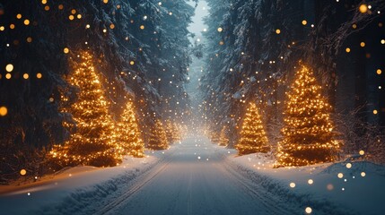 Winter forest background with a road perspective and Christmas trees decorated with garland lights