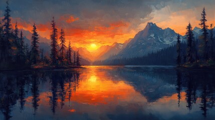 Fototapeta premium sunset in the mountains at a calm lake that creates a perfect reflection