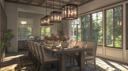 Fototapeta premium Dining room with large windows and a wooden table.