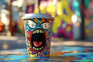 Detailed 3D model of a yawning icon designd with graffiti and coffee cup.