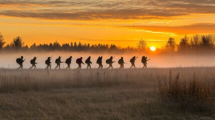 Silhouettes of Hunters Walking Through Foggy Field at Sunrise