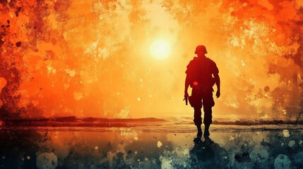 Obraz premium Silhouette of Soldier at Sunset on Beach Grunge Background