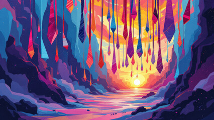 vibrant landscape with colorful ties hanging over sunset lit river