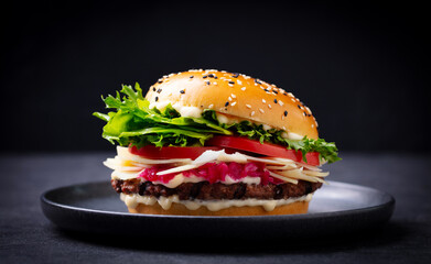 Burger with beef, cheese, vegetables on black plate. Dark Background. Close up.