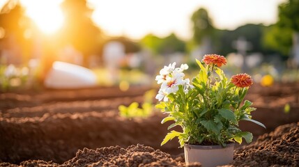 A freshly dug interment plot at a cemetery, awaiting the casket during a quiet funeral service