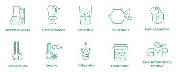 Fototapeta premium Food Preservatives, Flavor Enhancers, Emulsifiers, Antioxidants, Acidity Regulators, Pasteurization, Freezing, Dehydration, Fermentation, and Good Manufacturing Practices Vector Icon Set 