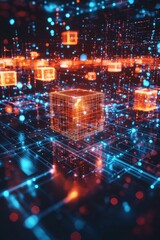 Fototapeta premium Abstract digital background with futuristic glowing lights and cyberpunk elements, representing the speed of data transfer in cyberspace or virtual reality. 