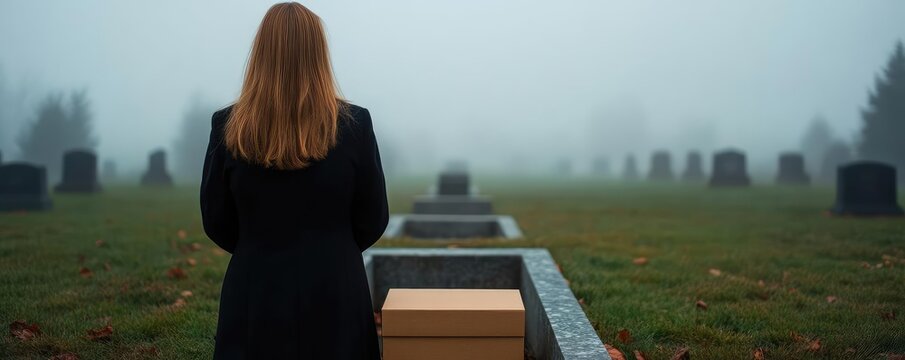 A misty cemetery with a box resting beside an open grave, capturing the quiet finality of burial
