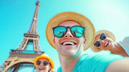 A group of senior friends taking a selfie in front of a famous landmark, capturing the memories of their adventurous travels.