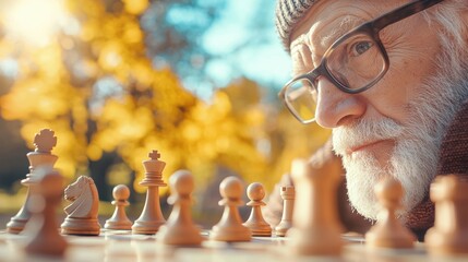 A group of seniors deeply engrossed in a game of chess in a park, their concentration and strategic thinking on full display.