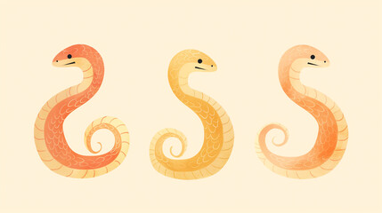 Illustration of Three Small Snakes in a Central Arrangement  Elegant Japanese-Style Snake Illustration - Year of the Snake Calendar Design