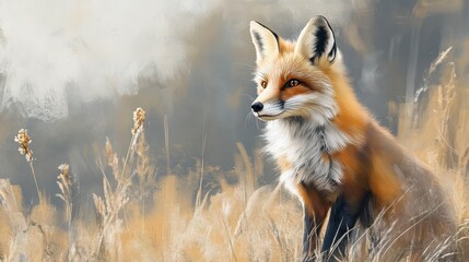 Red Fox wild animal on blurred nature background. AI generated image