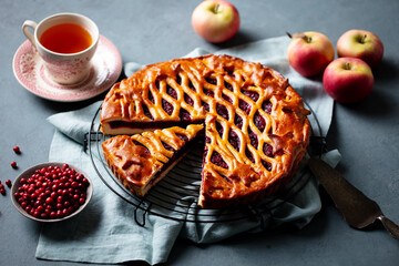 Apple, cranberry, cowberry sweet pie with cup of tea. Dark background. Close up.