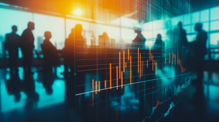 Professional business team working on a project together in the office Using innovation economic growth charts and network connections to accompany the data. in analyzing future trends