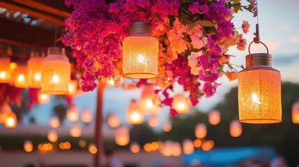 A vibrant memorial celebration event with colorful lanterns and flowers, blending joy and sadness in remembrance of a life well-lived