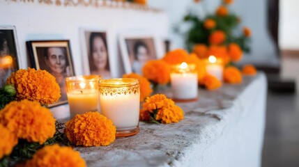 Traditional altars decorated with marigolds, candles, and family photos, a striking tribute to ancestors, capturing the essence of devotion and heritage on All Souls' Day