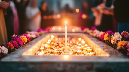 A candlelit tomb surrounded by grieving loved ones, participating in a liturgy filled with reflection and remembrance on All Souls' Day