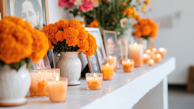 Traditional altars decorated with marigolds, candles, and family photos, a striking tribute to ancestors, capturing the essence of devotion and heritage on All Souls' Day