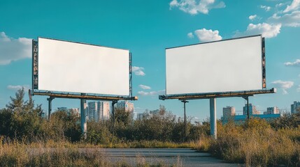 Blank whiteboard advertising stands billboard. outdoor side by side. front view. copy space, mockup product.