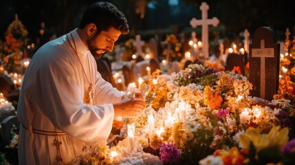 A priest giving a divine blessing over graves during All Souls' Day, surrounded by candles and flowers, the scene infused with religious devotion
