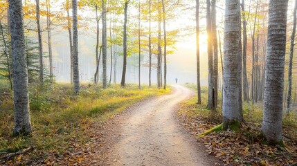 Fototapeta premium Scenic winding path in a tranquil forest with autumn leaves and soft morning light.
