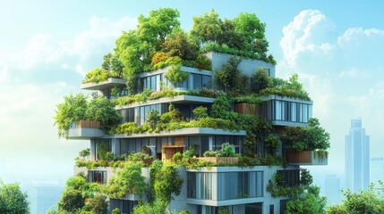Illustration of a sustainable building with green roofs and trees, symbolizing eco-friendly architecture.