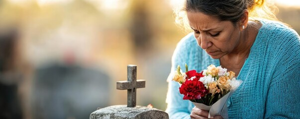 A woman in silent reflection, offering flowers at a weathered grave marker, symbolizing the pain of loss during an All Souls' Day ritual