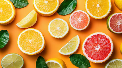 Obraz premium Vibrant citrus slices and green leaves on bright orange background