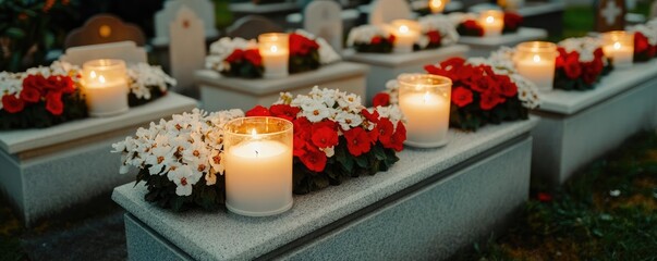 Peaceful cemetery with flower-covered graves, candles glowing softly, honoring departed saints during All Saints Day, a Christian festival of faith and reflection