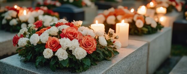 Peaceful cemetery with flower-covered graves, candles glowing softly, honoring departed saints during All Saints Day, a Christian festival of faith and reflection