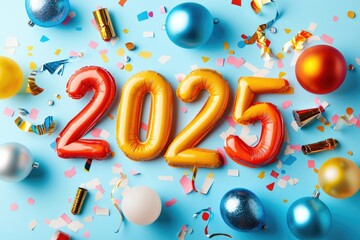 the word "2025" festival banner template with bright, festive icons, energetic and celebratory