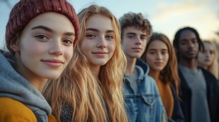 Obraz premium A group of young people standing next to each other. Perfect for illustrating friendship, teamwork, or social gatherings