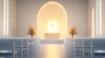 Trust in divine virtue, peaceful chapel with glowing altar, quiet Christian prayer and spiritual devotion filling the sacred space with soft light