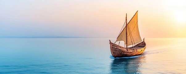 Sailing boat gliding over calm waters during sunset, serene and picturesque view.