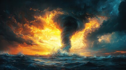 Fototapeta premium The impending whirlwind of a water tornado. The dramatic sky above the surface of the sea. The danger and power of wildlife. Illustration for cover, postcard, interior design, decor or print.