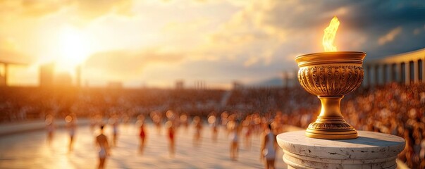 Fototapeta premium Olympic torch with flame during sunset at a celebratory event.